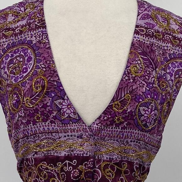 Vintage Beaded Silk Vest Button Down Paisley Print Front Purple Gold size Medium - Picture 3 of 8
